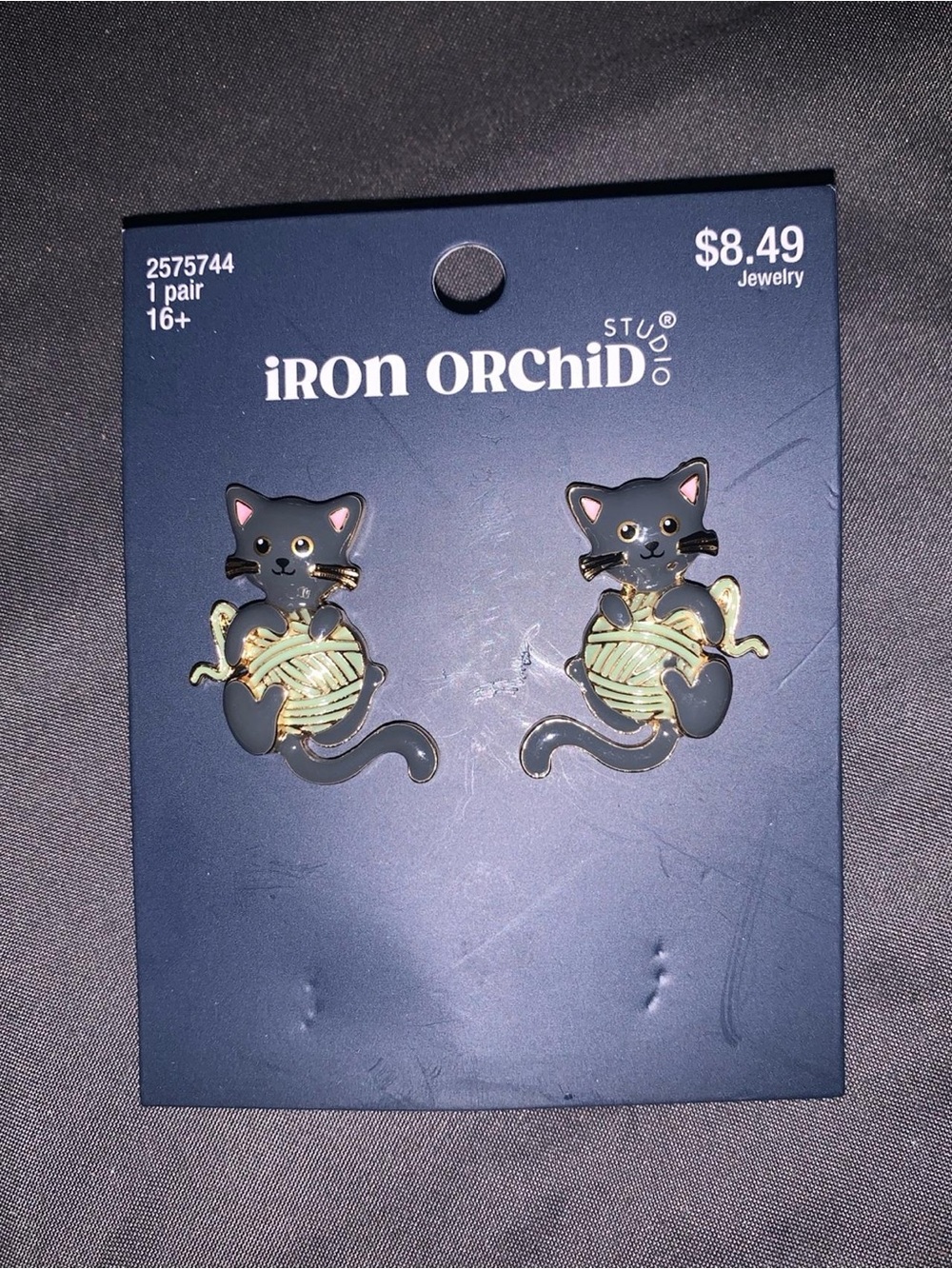 Iron Orchid Black Cat with Green Yarn Enamel Earrings
